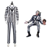 Adam Beetlejuice Cosplay Costume Men Black and White Striped Suit Jacket Shirt Pants Outfits Halloween Carnival Costume