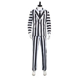 Adam Beetlejuice Cosplay Costume Men Black and White Striped Suit Jacket Shirt Pants Outfits Halloween Carnival Costume